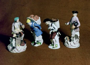 Meissen figures: saddler, goat seller and coppersmith, modelled by Johann Joachim Kandler and a baker boy by Peter Reinicke, c.1750